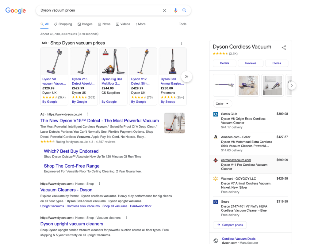 Trang kết quả Google cho "giá máy hút bụi Dyson"