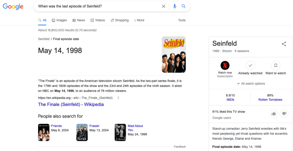 Kết quả Google cho "tập cuối Seinfeld"