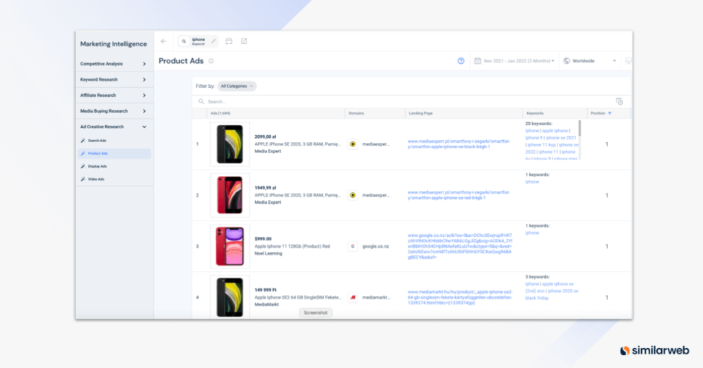 Tìm quảng cáo sản phẩm trên Similarweb