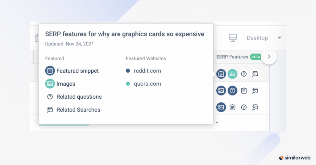 Similarweb Keywords và SERP Features cho warbyparker.com và đối thủ cạnh tranh làm ví dụ về On-page SEO