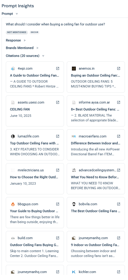 Danh sách các nguồn trích dẫn của AI trong một phản hồi cụ thể